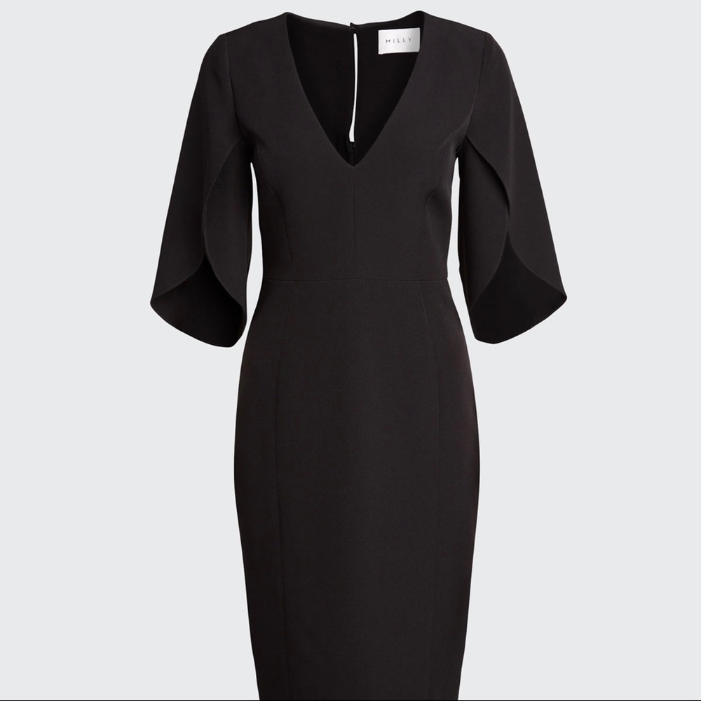 Milly Black Midi Dress with V-Neck and Statement Sleeves